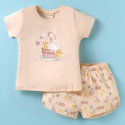 CUCUMBER Sinker Knit Half Sleeves Night Suit with Bird Print - Beige-image-72