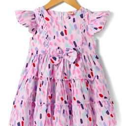 Dew Drops Cotton Knit Cap Sleeves Frock with Bow Applique & Confetti Print - Pink-image-6
