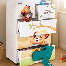 Babyhug 4 Layers High Density Plastic Storage Cabinet Baby Lion Print With Wheels - White-25