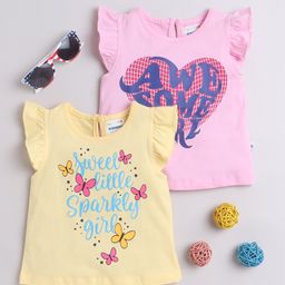 BUMZEE Cotton Knit Frill Sleeves Tops with Sweet Little Sparkly Girl Text Print Pack Of 2 - Pink & Yellow-image-22