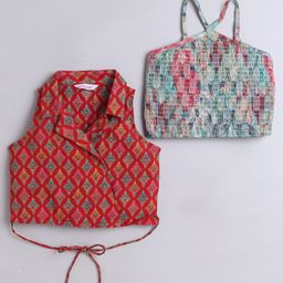 Taffykids Cotton Pack Of 2 Sleeveless Floral Printed Smock Detailed Crop Tops - Multi Colour-picture-4