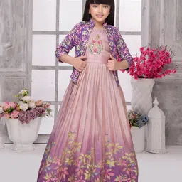 Tiny Kingdom Georgette Floral Embroidered Tropical Theme Printed Sequins Embellished Ombre Gown With Three Fourth Sleeves Jacket - Lavender-picture-1