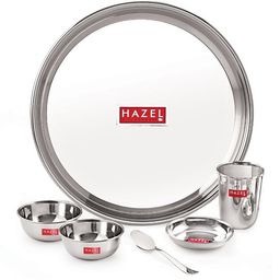 HAZEL Stainless Steel Dinner Set Of 6 | Dinner Set Steel (1 Steel Plate, 1 Steel Glass, 2 Bowl, 1 Dessert Plate, 1 Spoon) 6 Pieces, Silver-7