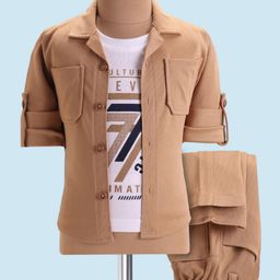 Rikidoos Full Sleeves Textured Pocket Detailed Shirt With Typography Printed Tee & Coordinating Pant Set - Fawn-image-69