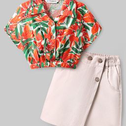 OLLINGTON ST. Cotton Rayon Half Sleeves Top & Skort Set with Floral Print - Multicolor & Beige-image-9
