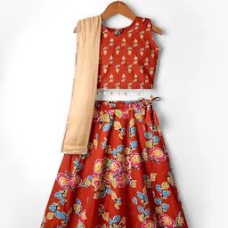 Teentaare Cotton Woven Sleeveless Floral Printed Choli Lehenga Set with Dupatta - Rust Orange-picture-9