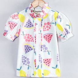 Hugsntugs Cotton Woven Half Puffed Sleeves Fruits Printed Top - White-image-0