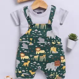 Jb Club Cotton Knit Animals In The Jungle Printed Dungaree With Half Sleeves Tee - Grey-picture-4