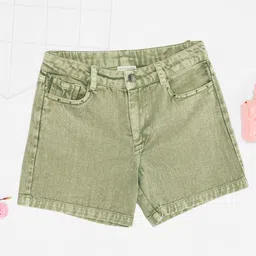 Pantaloons Junior Cotton Denim Mild Washed Shorts - Light Green-picture-20