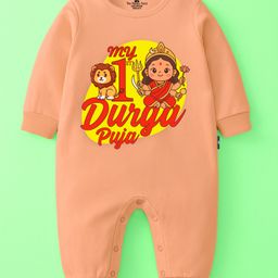 The Peppy Tend 100% Cotton Knit Durga Puja Theme Full Sleeves My 1st Durga Puja Text Printed Romper - Peach-picture-36
