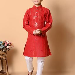 Cae Boys Floral Embroidered Mandarin Collar Sequinned Straight Kurta With Pyjama-51