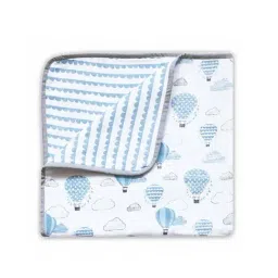 Elementary 100% Organic Muslin Cotton Reversible Dohar Blanket Hot Air Balloon Print - Blue  & White (140*100cm)-image-7