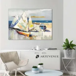 ARTE'VENUE Barche sulla spiaggia Beige & Blue Canvas Wall Art - Set of 1 (18 X 13 inch)-23