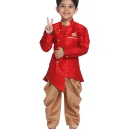 VASTRAMAY Kids Maroon & Rose Gold Self Pattern Sherwani Set-image-97