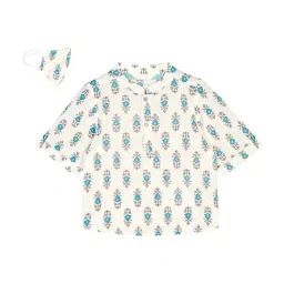 Budding Bees Kids Blue & White Cotton Printed Shirt with Mask-image-19