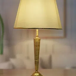 FOS LIGHTING Conical Antique Golden & Off-White Brass Table Lamp With Fabric Shade-19