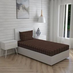 Boutique Living Wizard Checks Brown 146 TC Cotton Single Bed Sheet with 1 Pillow Cover-image-49