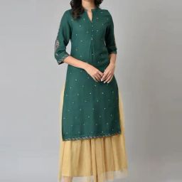 W Bottle Green Embroidered Straight Kurta-image-68