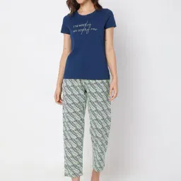 Vero Moda Intimates Navy & Beige Cotton Graphic Print T-Shirt With Pyjamas-picture-23