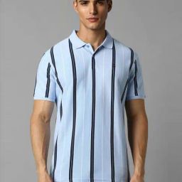 Louis Philippe Sport Blue Cotton Slim Fit Striped Polo T-Shirt-picture-14