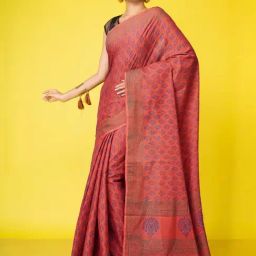 Unnati Silks Red Cotton Printed Saree With Unstitched Blouse-image-79
