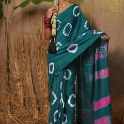 Unnati Silks Green & Pink Cotton Tie & Dye Saree With Unstitched Blouse-image-70