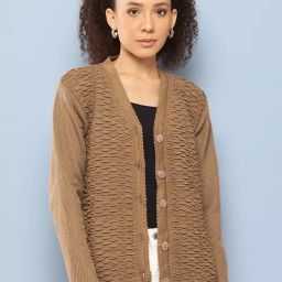 Aarika Brown Woolen Solid Long Sleeves Cardigan-image-5