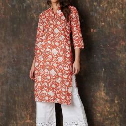 Melange by Lifestyle Rust Cotton Printed Straight Kurta-picture-10