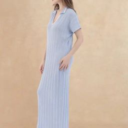 RAREISM Blue Cotton Solid Short Sleeves Dress-image-74