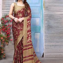 Satrani Maroon Floral Print Saree With Unstitched Blouse-image-55