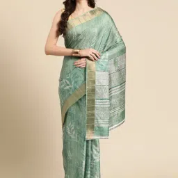 Silk Land Green Silk Floral Print Saree With Unstitched Blouse-image-35
