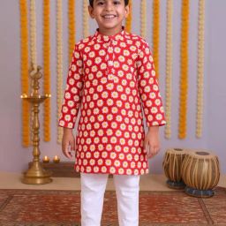 Kiddopanti Boys Red and White Cotton Printed Regular Fit Kurta with Pyjamas-image-62