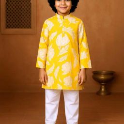 Kiddopanti Boys Yellow and White Cotton Printed Regular Fit Kurta with Pyjamas-image-53