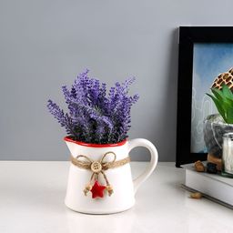 TAYHAA White & Red Rustic Charm Textured Ceramic Pitcher Flower Vase-12