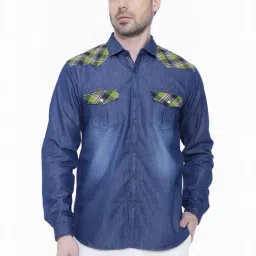 Kuons Avenue Blue Slim Fit Checks Denim Shirt-image-31