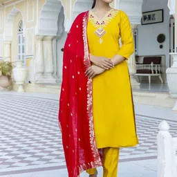 Navlik Women Embroidered Regular Chanderi Silk Kurta with Trousers & With Dupatta-picture-14