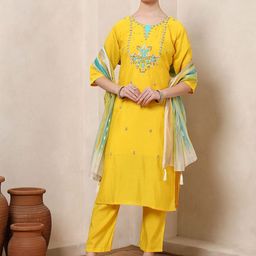 Spera Women Woven Design Embroidered Kurta with Trousers & Dupatta-image-65