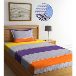 Arrabi Multi Stripes TC Cotton Blend Single Size Fitted Bedsheet with 1 Pillow Cover-image-53