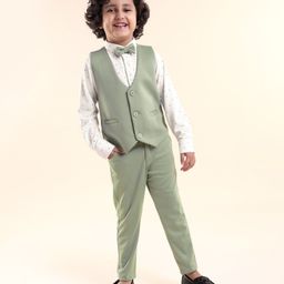 Babyhug Woven Full Sleeves Stretch Fit Party Suit With Waist Coat & Bow - Green & White-image-29