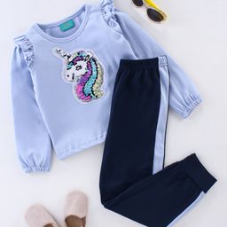 Tiara Full Frill Sleeves Detailed Unicorn Sequin Embellished Patched Detailed  Top & Pant - Blue-picture-16