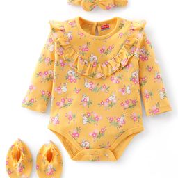 Babyhug 100% Cotton Knit Full Sleeves Floral Printed Onesie with Headband & Booties - Yellow-image-34