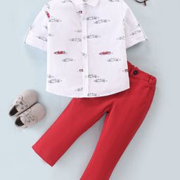 ToffyHouse Full Sleeves Shirt & Pant Set With Car Print - White & Red-image-1