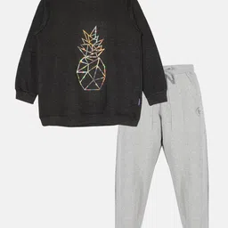 Kiddopanti Fleece Full Sleeves Abstract Printed Sweatshirt With Joggers Track Set - Antra Melange & Grey Melange-picture-3