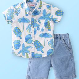 Babyhug Cotton Woven Half Sleeves Shirt And Shorts Set Palm Tree Print - White & Blue-image-68