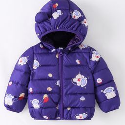 Kookie Kids Full Sleeves Front Open Padded Hooded Quilted Jacket With Space Theme Print - Blue-image-23