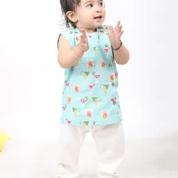 Polka Tots Cotton Sleeveless Juices Printed Jhabla & Pant Set - Blue-picture-21