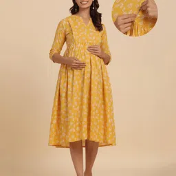CRAFIQA Three Fourth Sleeves Floral Printed Maternity Dress With Concealed Zipper Nursing Access - Light Mustard-picture-26
