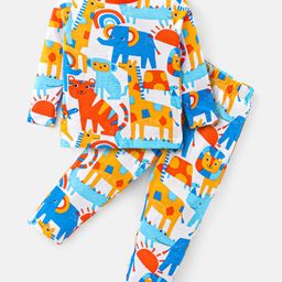 Babyhug Cotton Knit Full Sleeves Night Suit with Wild Animals Print - Multicolour-image-65