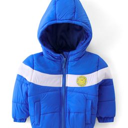 Babyhug Woven Full Sleeves Padded Hooded Jacket With Colour Block Design & Smiley Patch Detailing - Blue-image-34
