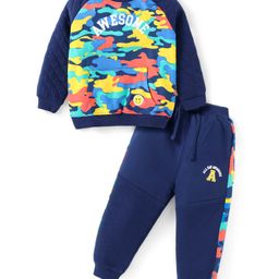 Babyhug Cotton Knit Full Raglan Sleeves T-Shirt & Lounge Pants Set With Kangaroo Pocket & Camouflage Text Print - Navy-picture-27